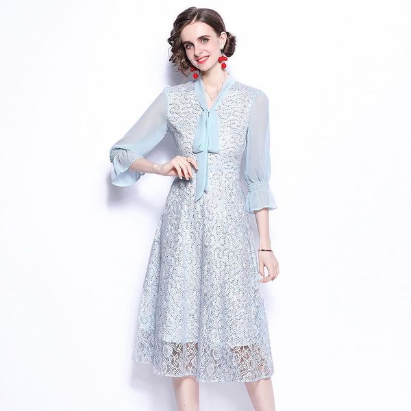 

casual dresses women summer designer elegant bow flare sleeve slim party robe female vintage mesh lace patchwork dress vestidos, Black;gray