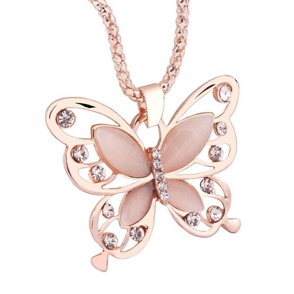 

chains fashion women rose gold opal butterfly charm pendant collares para mujer long chain necklace jewelry layered, Silver