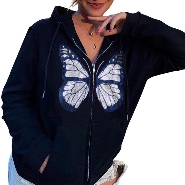 

est women's coat, butterfly printed hoodie zipper long sleeve jacket with pocket for female jackets, Black;brown