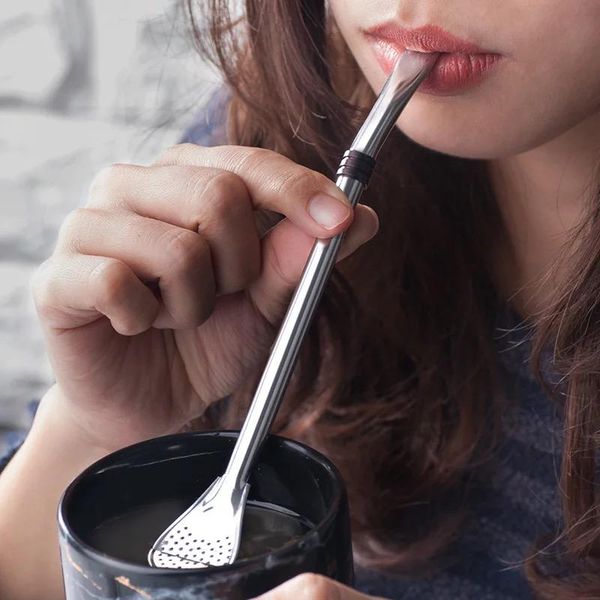 

spoons 304 stainless steel straw spoon horse gold-plated creative dual-use leaking stirring coffee long handle