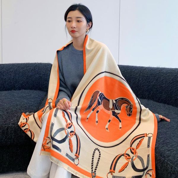 

scarves 2021 horse animal print cashmere shawl winter warm women pashmina wrap thick blanket female, Blue;gray