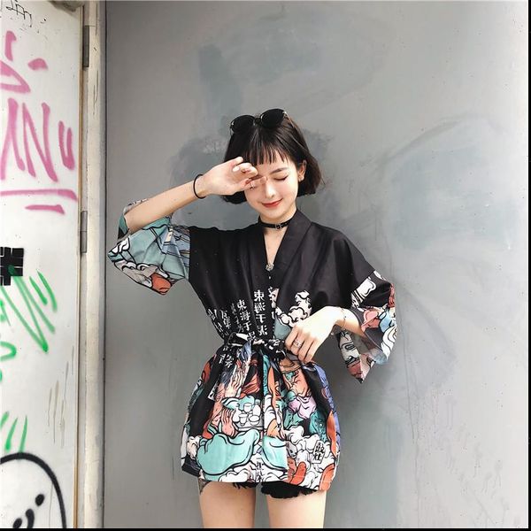 

harajuku japanse kimono print chimono women shirt zomer cosplay yukata vrouwen mode dunne losse blouse, White