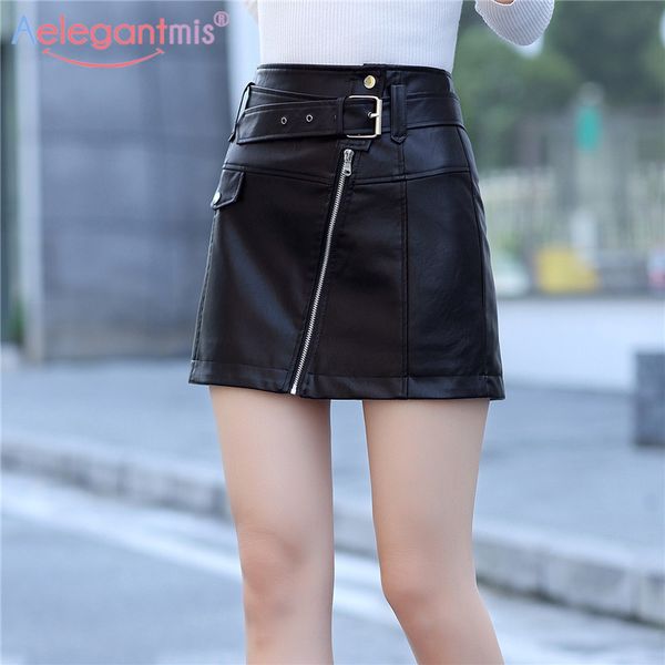 

aelegantmis spring summer new slim high waist women leather office lady mini skirt female casual a-line short skirts 210323, Black