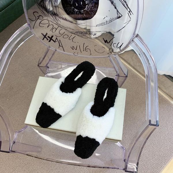 

slippers women open-toes mid heels shoes ladies wool genuine leather comfortable outdoor flat zapatillas mujer designer, Black