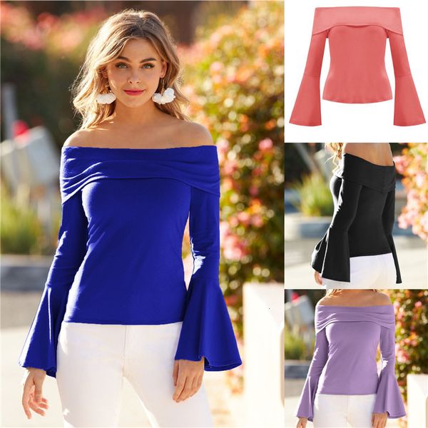 

women's t-shirt slash neck tshirt casual flare long sleeve solid color slim tee autumn women clothes, White