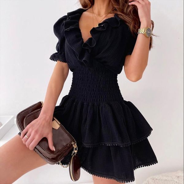 

black ruffles a line womens dress high waist short sleeve solid dresses for women summer off shoulder vestidos ladies, Black;gray