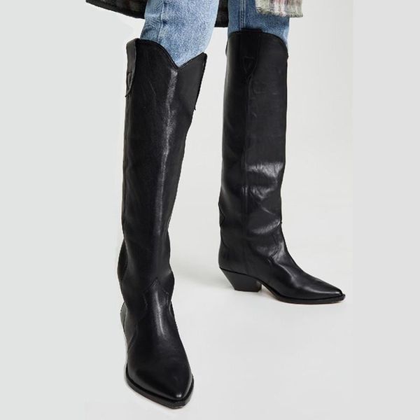 

boots fashion pointed toe women riding retro slip-on 4cm chunky heel knee high autumn genuine leather motarcycle shoes, Black