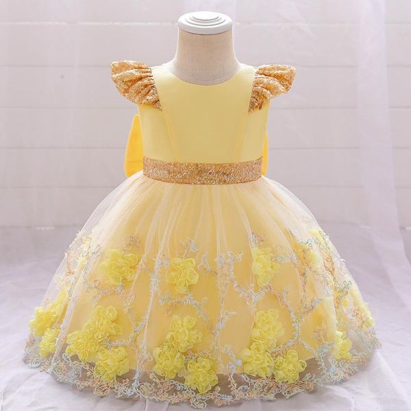 

girl's dresses sequins baby girl dress 1st birthday party wedding for princess lace appliques yellow evening kid clothes, Red;yellow