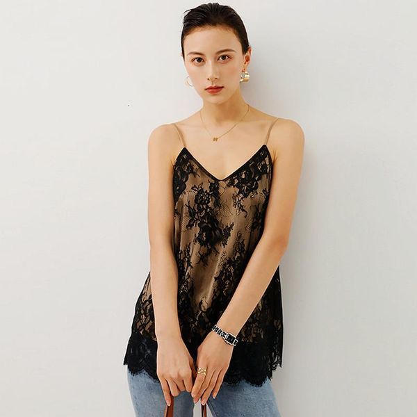 

women's tanks & camis 100% silk tank women casual style lace v neck sleeveless 2 colors loose basic clothing fashion 2woi, White