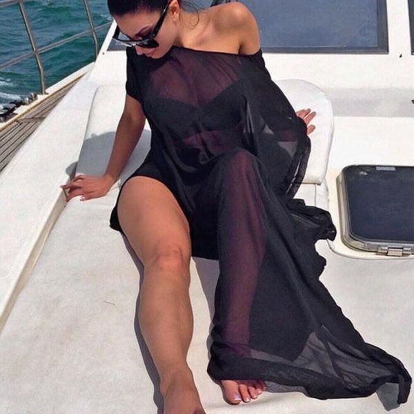 Kadınlar Şeffaf Bikini Kapak Mayo Sheer Beach Maxi Wrap Etek Pareo O Boyun Elbise Kadınlar
