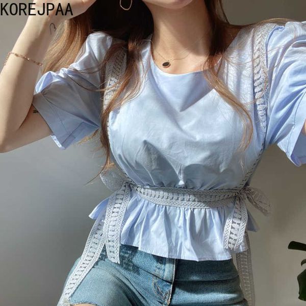 

korejpaa women shirt summer korean chic ladies gentle temperament creamy round neck lace bow design puff sleeve blouses 210526, White