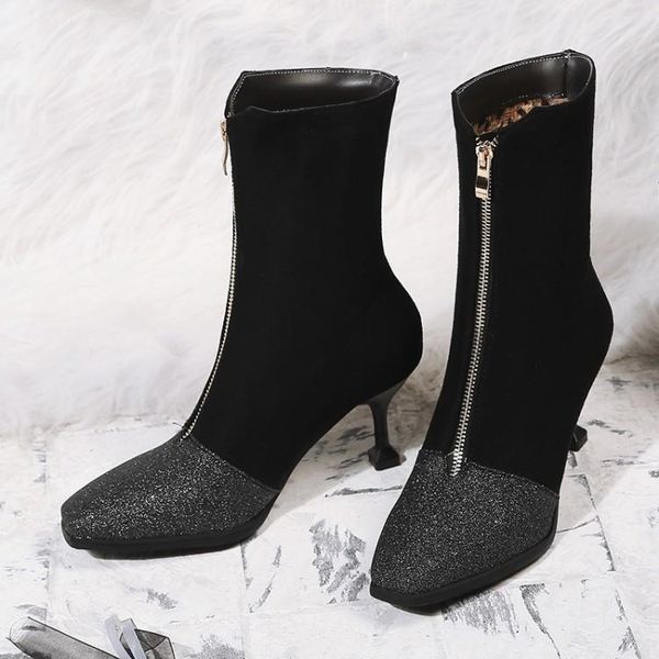 

boots big size 9 10 11-15 women shoes ankle for ladies front zipper stitching sequins, Black