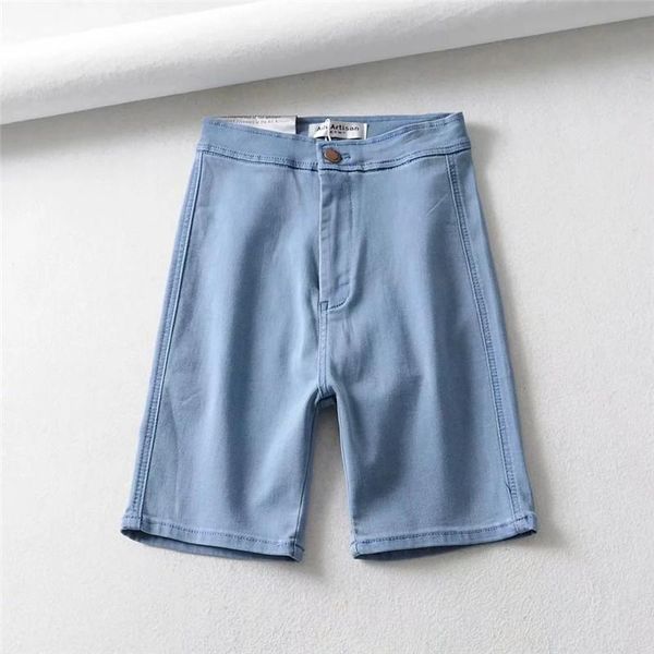 

women's jeans [ewq] 2021 spring summer arrivals high waist solid pattern pockets women fashion trend casual denim knee length shrot ay1, Blue