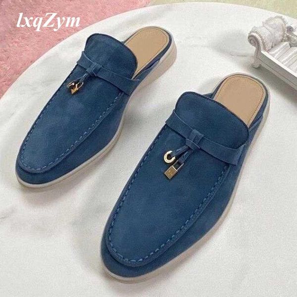 

slippers design kid suede mule shoes women flat round toe metal lock deco loafers female, Black