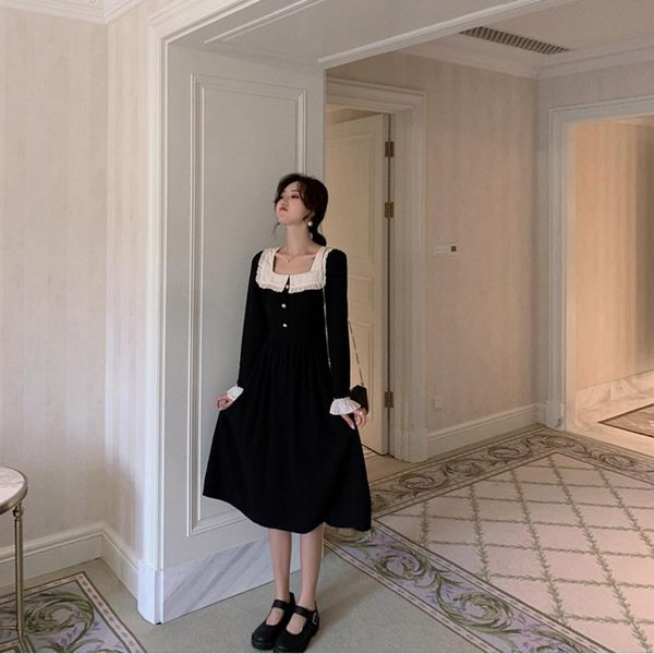 

casual dresses square collar woman contrast color a line kawaii dress ladies black full sleeve, Black;gray