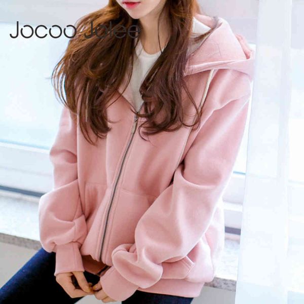 Frauen Koreanische Pop Solide Zipper Up Hoodies Boyfriend-Stil Lose Mantel Herbst Jacken Plus Größe Outwear Mode 210428