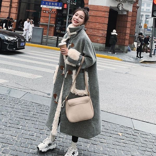 

women's wool & blends korean style winter blend coat green plaid lamb horn button lady overcoat female outerwear long loose cothes, Black