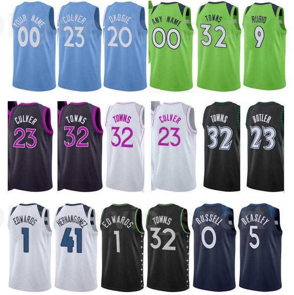 

print basketball city earned edition d angelo russell jersey 0 jarrett culver 23 karl anthony towns 32 anthony edwards 1 malik beasley 5, Black