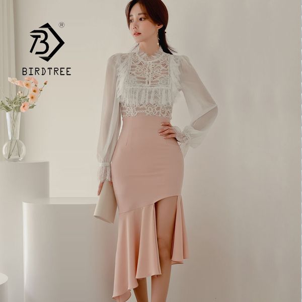 

women suits chiffon lace patchwork sleeve blouses slim fit hip long ruffled skirt two piece set spring s11001x 210416, White