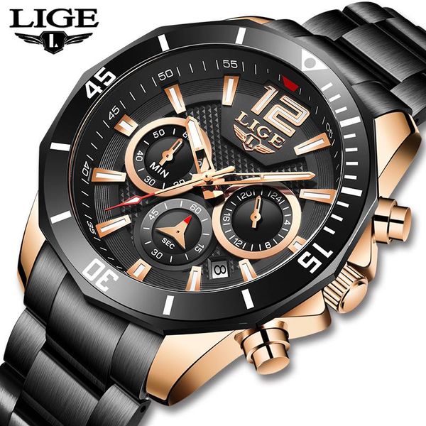 

wristwatches wristwatch mens lige 2021 sports watch men fashion stainless steel watches calendar chronograph blue male cloc, Slivery;brown