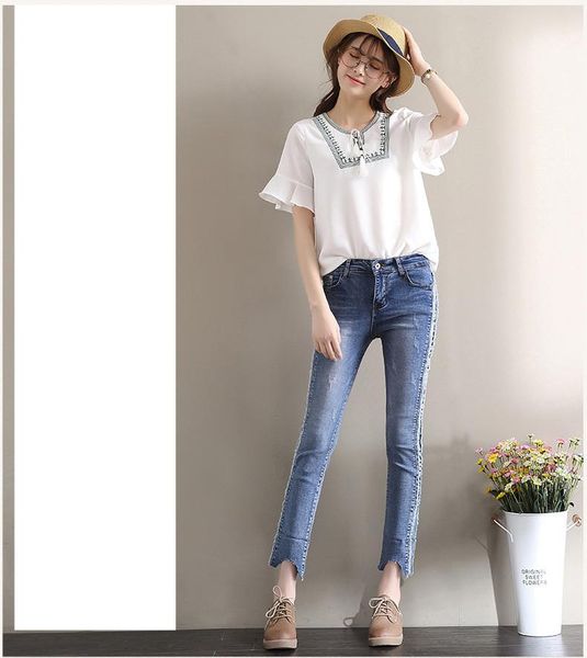 

women's jeans high waist summer 2021 wear a wide range of side striped woolen jeans, slim and elastic pencil pants 8023, Blue