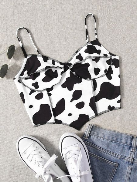 

cow print contrast stitch asymmetrical hem cami p1dr#, White