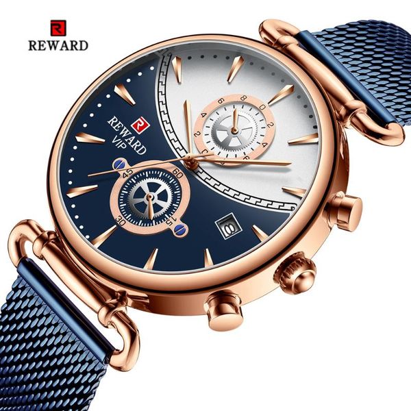 

wristwatches reward men watch waterproof chronograph mens watches brand sports auto date mesh quartz for relogio masculino, Slivery;brown