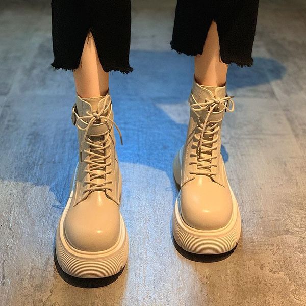 

boots ankle for women 2021 autumn motorcycle thick heel platfoankle brm shoes woman slip on round toe fashion, Black