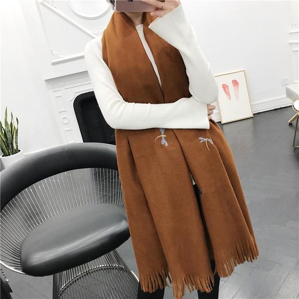 

winter european and american stereoscopic embroidery small dragonfly lambs wool scarf grey shawl thickened long scarves & wraps, Red;brown