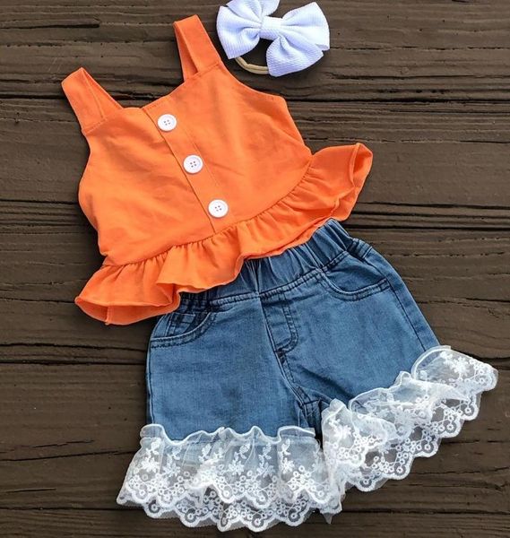 

clothing sets focusnorm 2pcs summer baby girls clothes 0-3y solid sleeveless single breasted ruffles vest lace denim shorts, White