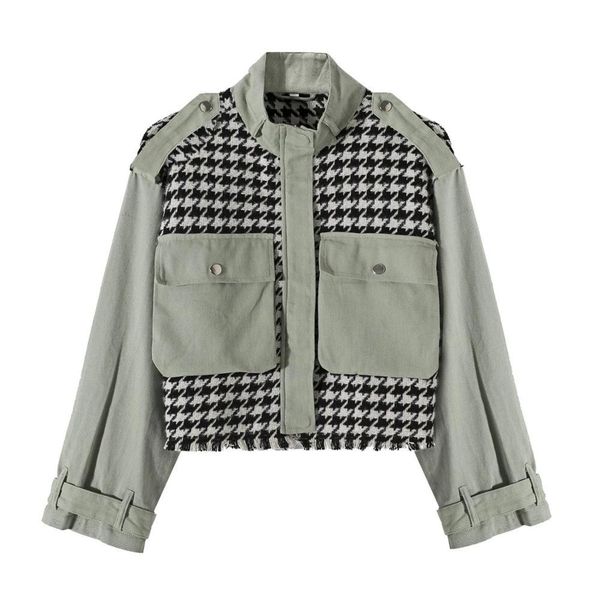 

women jacket contrast tweed full sleeves high collar short coat vintage fashion outerwear veste femme 210420, Black;brown