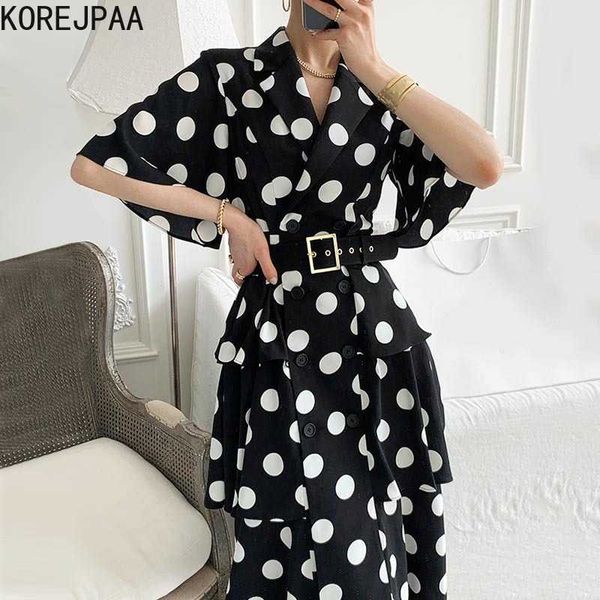 

korejpaa women dress summer korea chic lady elegant temperament polka dot single-breasted layered ruffled stitching vestido 210526, Black;gray