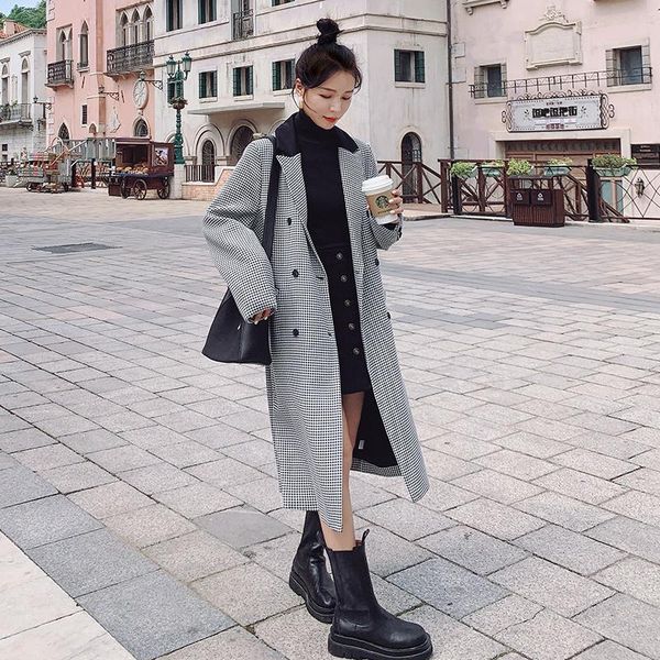

women's wool & blends 2021 autumn long plaid trench coat women double korean preppy style female outwear fashion windbreaker, Black