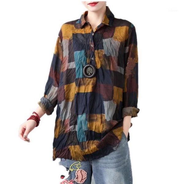 

blouse spring retro women loose pullovers shirt turn-down collar button print casual vintage women's blouses & shirts, White