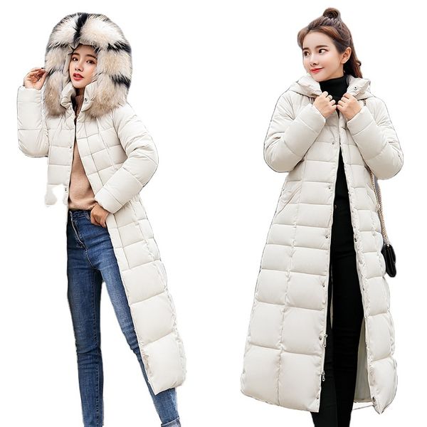 

most popular women's long winter oversize down coat with belt and contrast color fur collar slim windproof womens down et, Black