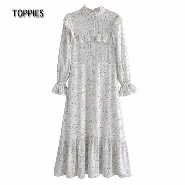 

ies spring flower printing maxi dress woman french style ruffles dress long sleeve spliced hem 210412, Black;gray