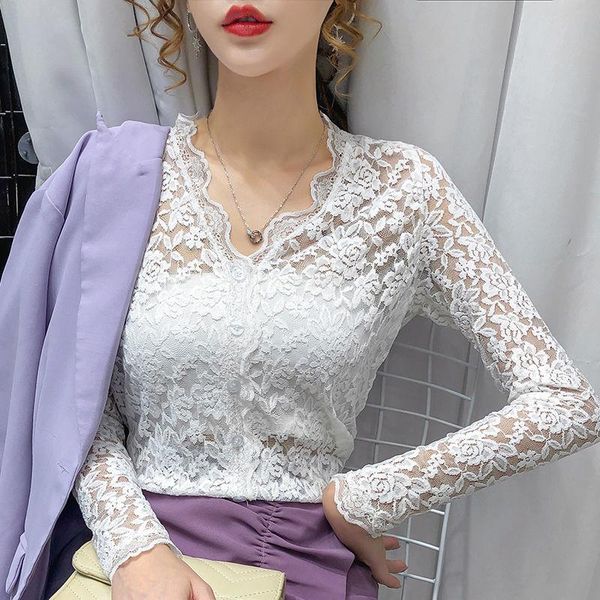 

women's blouses & shirts 2021 spring and autumn fashion hollow long-sleeved lace bottoming shirt v-neck retro casual all-match top, White
