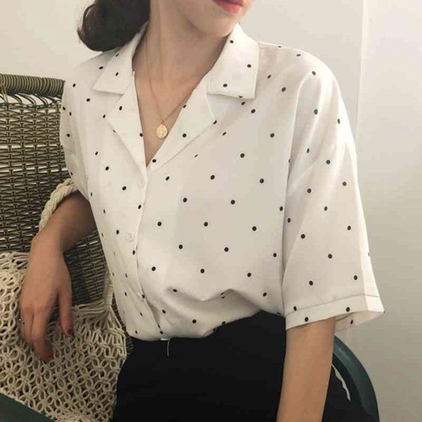 

women blouse polka dot shirt summer short sleeve v neck casual elegant print female clothing white shirts #366 210410
