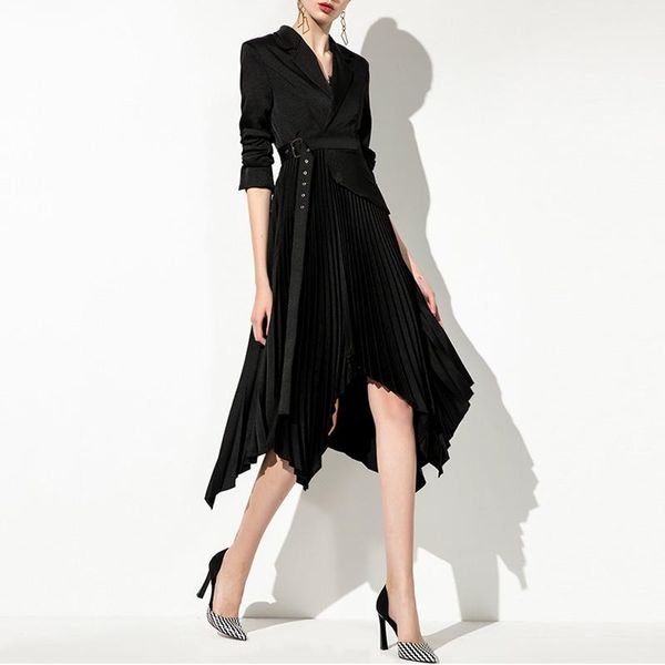 

casual dresses 2021 classic fashion blazer dress runway designer black elegant autumn winter suit jacket pleated belt, Black;gray