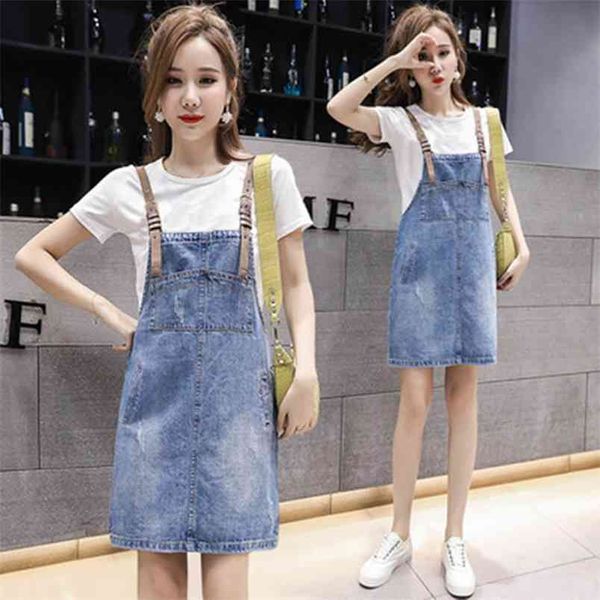 Denim Ajustável Suspender Dress Coreano A-Linha Curta Menina Solta Estudante Bolsos De Verão Blue Jeans Macacões ES 210604