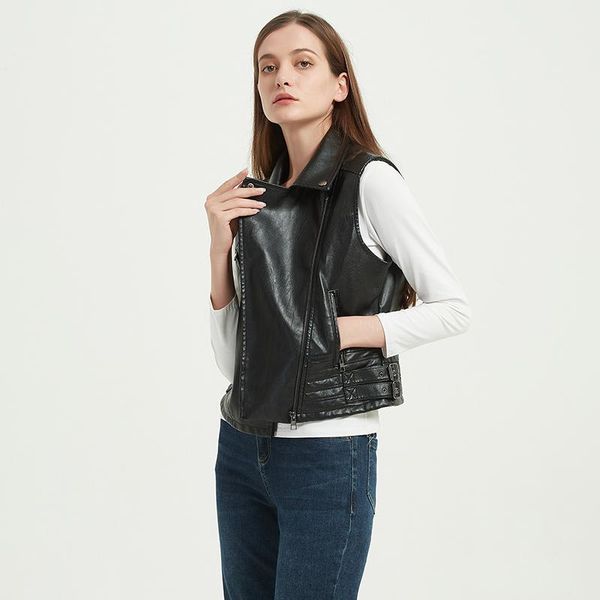

women's leather & faux 2022 women motorcycle pu sleeveless jackets ladies turn-down collar belt zipper vest pockets waistcoat streetwea, Black