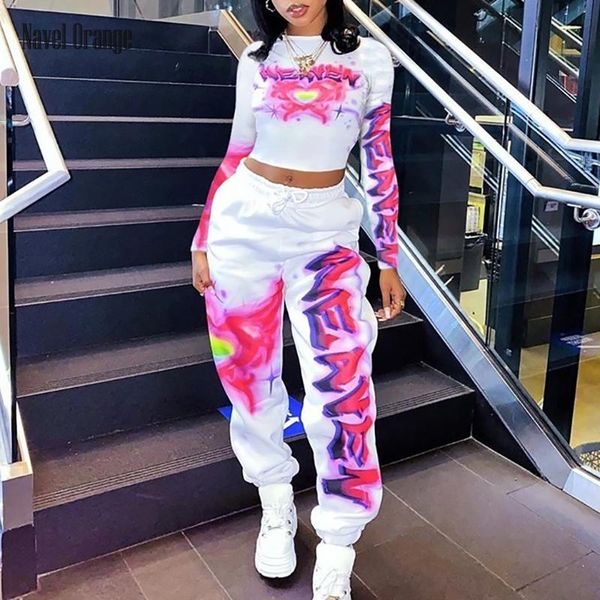 

women's two piece pants women o-neck short pencil streetwear set spring autumn casual skinny printed ladies outfit long sleeve loungewe, White