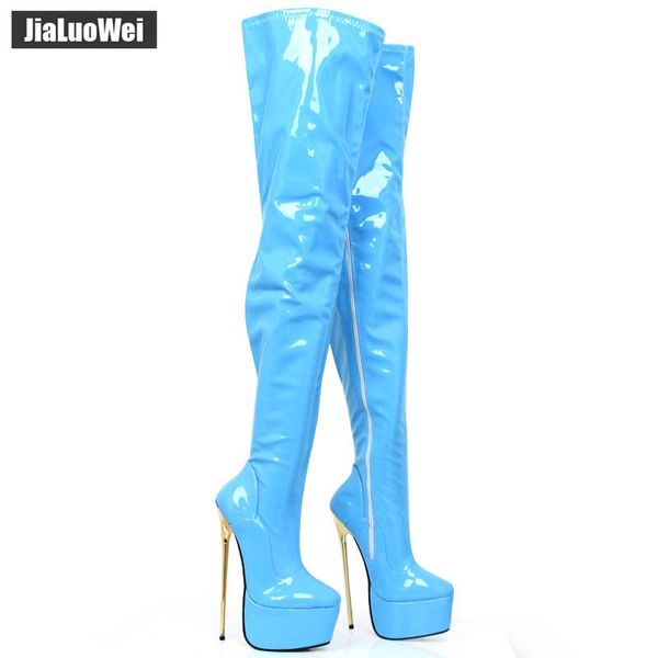 

boots jialuowei 22cm extreme high thin heel platform stiletto pointed toe women fetish zip over-the-knee thigh crotch, Black