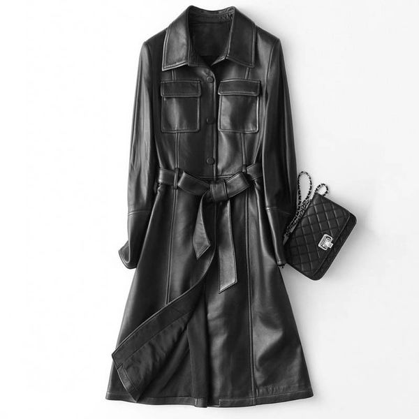 

designer women 2021 genuine leather sheepskin long coats fashion sashes belt quality real trench windbreak, Black