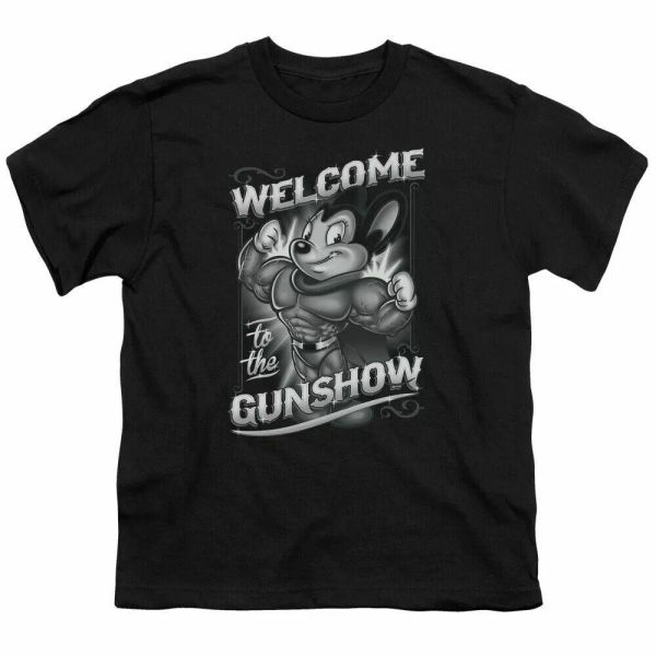 

Mighty Mouse Mighty Gunshow Kids Youth T Shirt Licensed Cartoon Tee Black, White;black