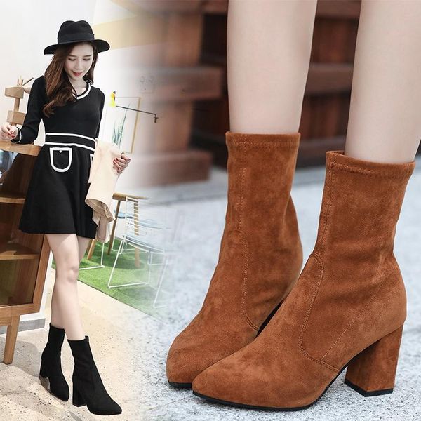 

boots 2021 autumn thick with fashion pointed short women korean wild black suede casual high heels