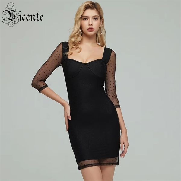 

trendy dot mesh splicing square collar half sleeves celebrity party mini bandage dress 210520, Black;gray