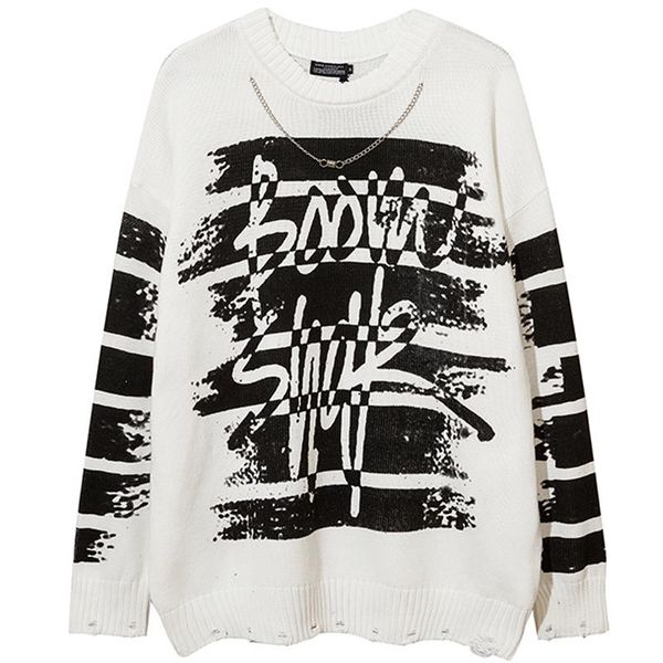 

men's sweaters men harajuku letter knitted winter retro hiphop oversize couple knitwear male casual vintage necklace pullover, White;black