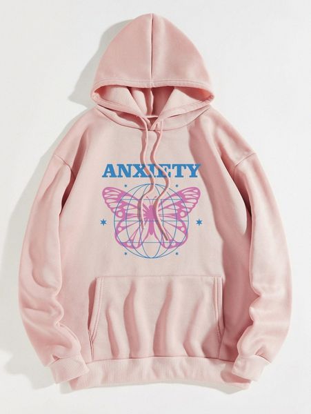 

letter & butterfly print drawstring thermal lined hoodie k9el#, White;black