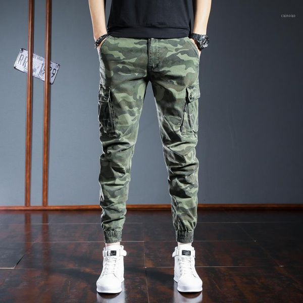 

men's pants w9011 spring men camouflage trend cargo casual loose tie feet all-match outdoor camping multi-pocket zipper male trousers, Black